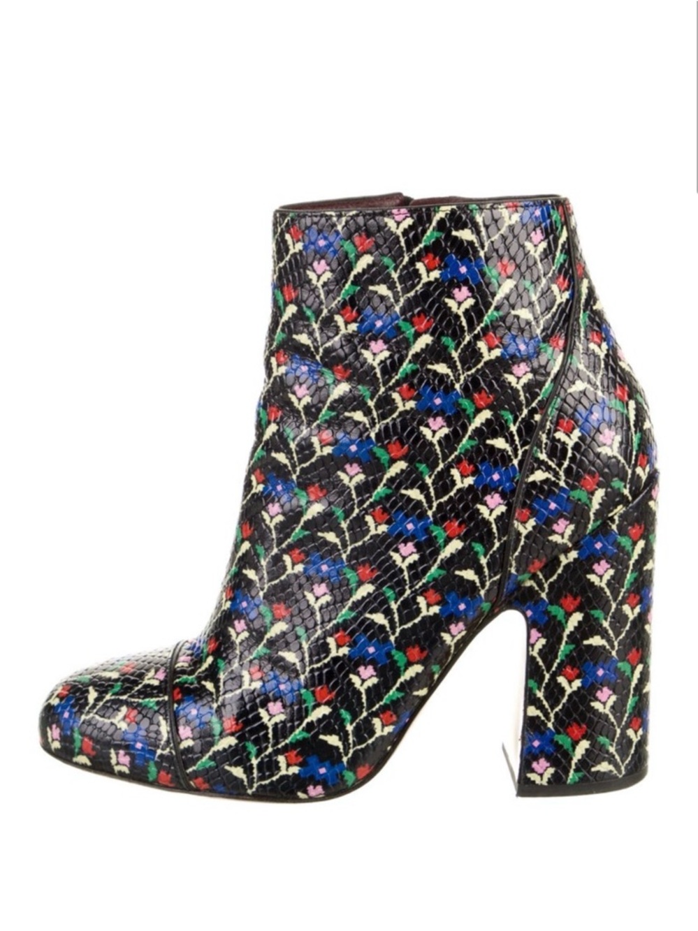 Marc Jacobs Black Floral Embossed Block Heel Ankle Boots